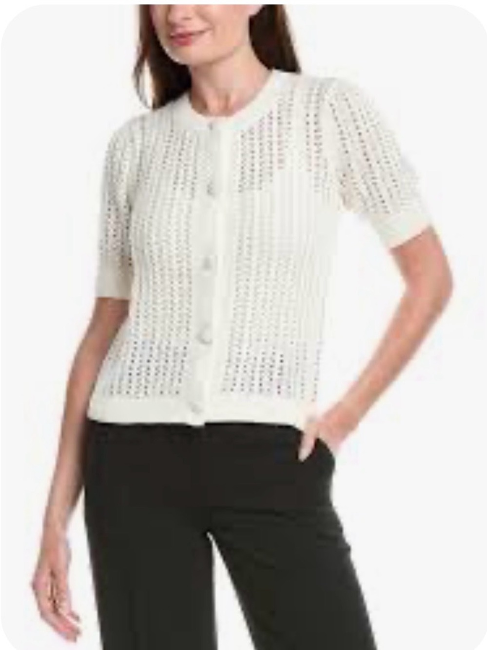 CAbi off white Doris Short-Sleeve Knit Button ribbed chunky Cardigan size small